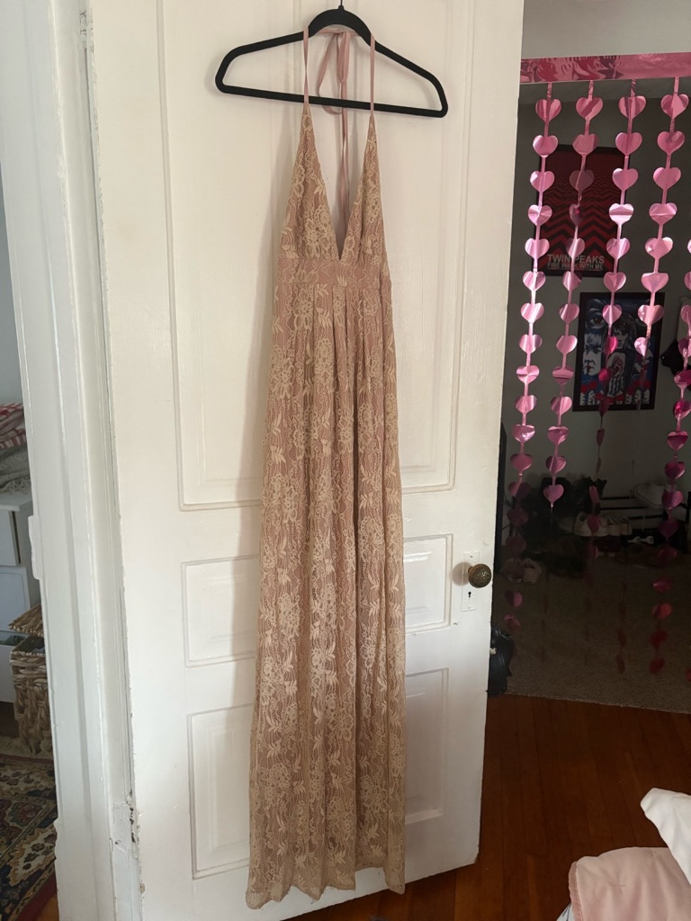 Lulu's Lace Halter Maxi Dress in Blush Nude
